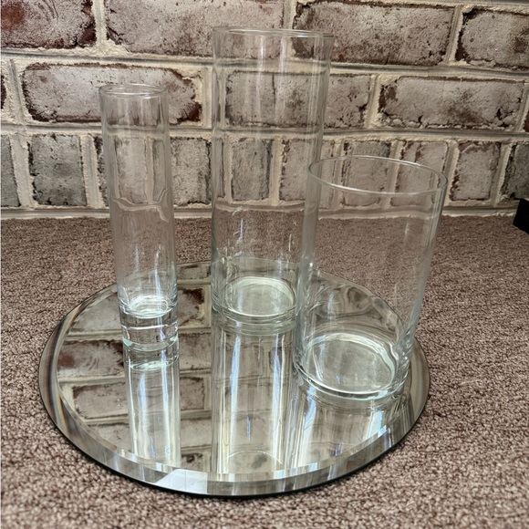 Set of Three Cylinder Clear Glass Vases and Round 12” Mirror - Picture 1 of 5